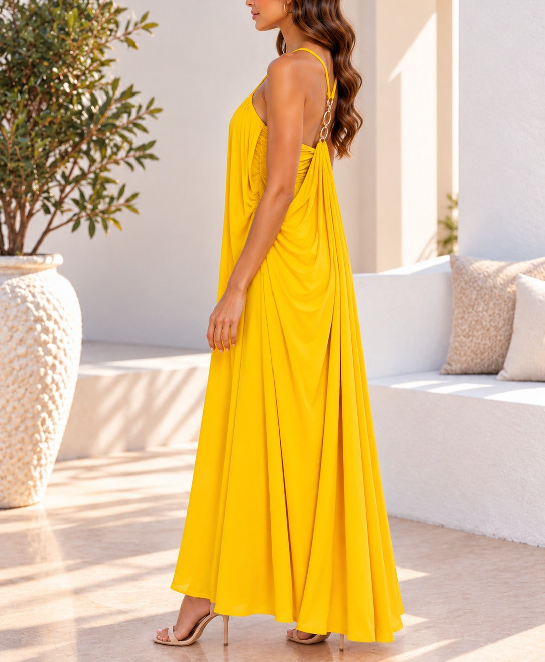Yellow ring back maxi dress side view