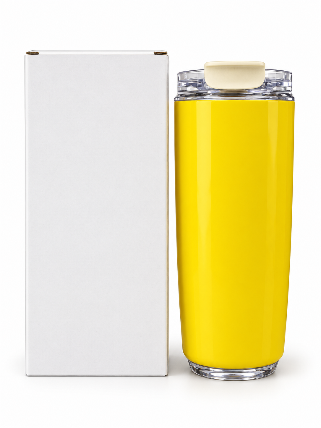 Yellow travel bottle with clear flip-top lid and gift box