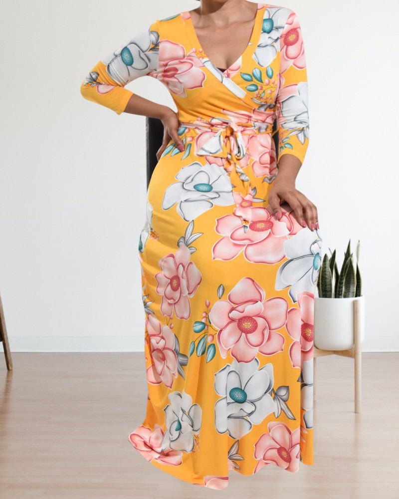 Yellow V Neck Floral Maxi Dress - StylePhase SA