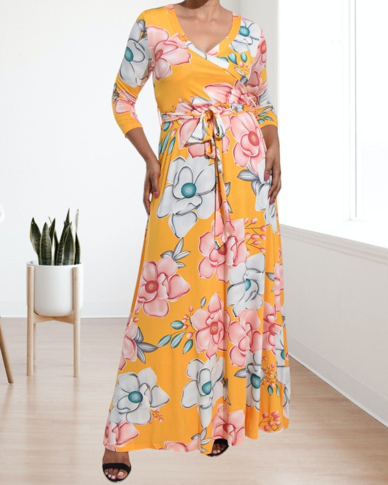 Yellow V Neck Floral Maxi Dress - StylePhase SA