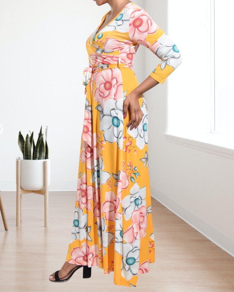 Yellow V Neck Floral Maxi Dress - StylePhase SA