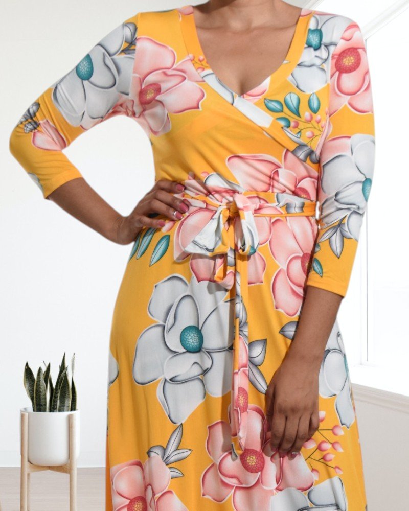 Yellow V Neck Floral Maxi Dress - StylePhase SA