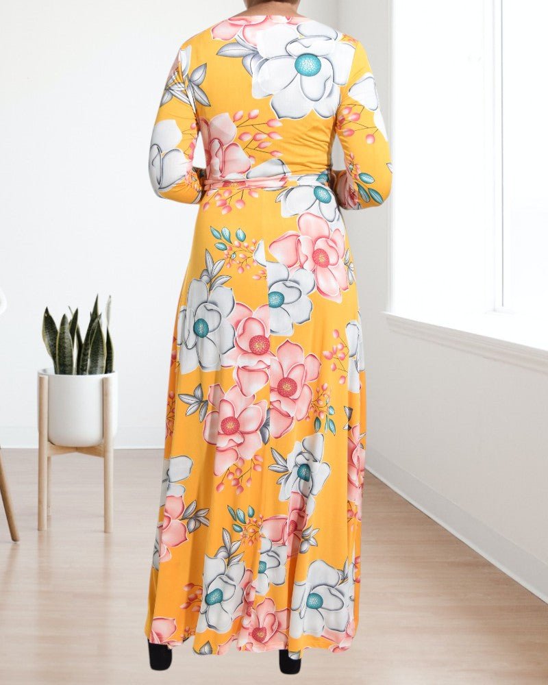 Yellow V Neck Floral Maxi Dress - StylePhase SA