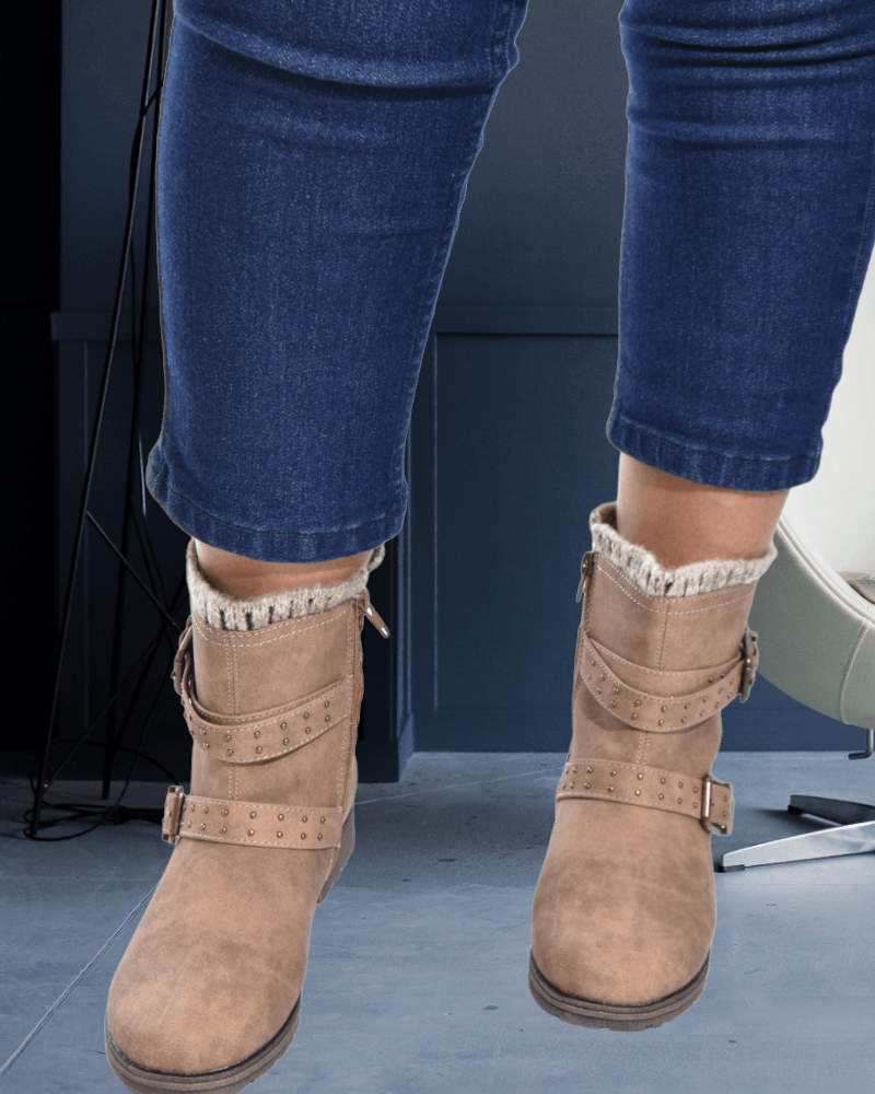 Skechers keepsakes mid calf double buckle boot with studs deals