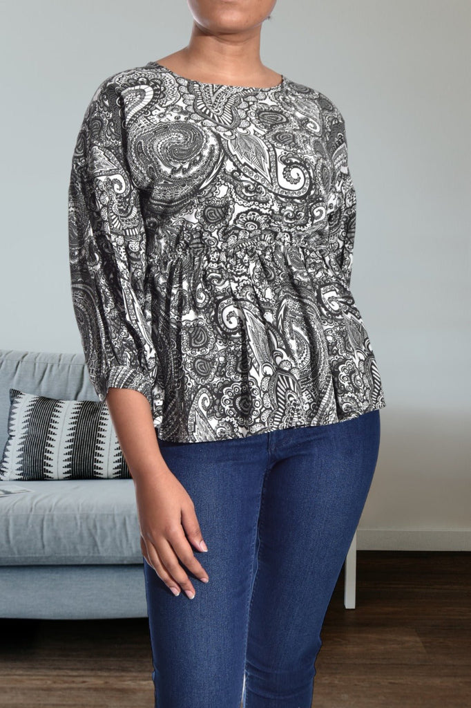 Black And White Paisley Print 3/4 Sleeve Top - StylePhase SA