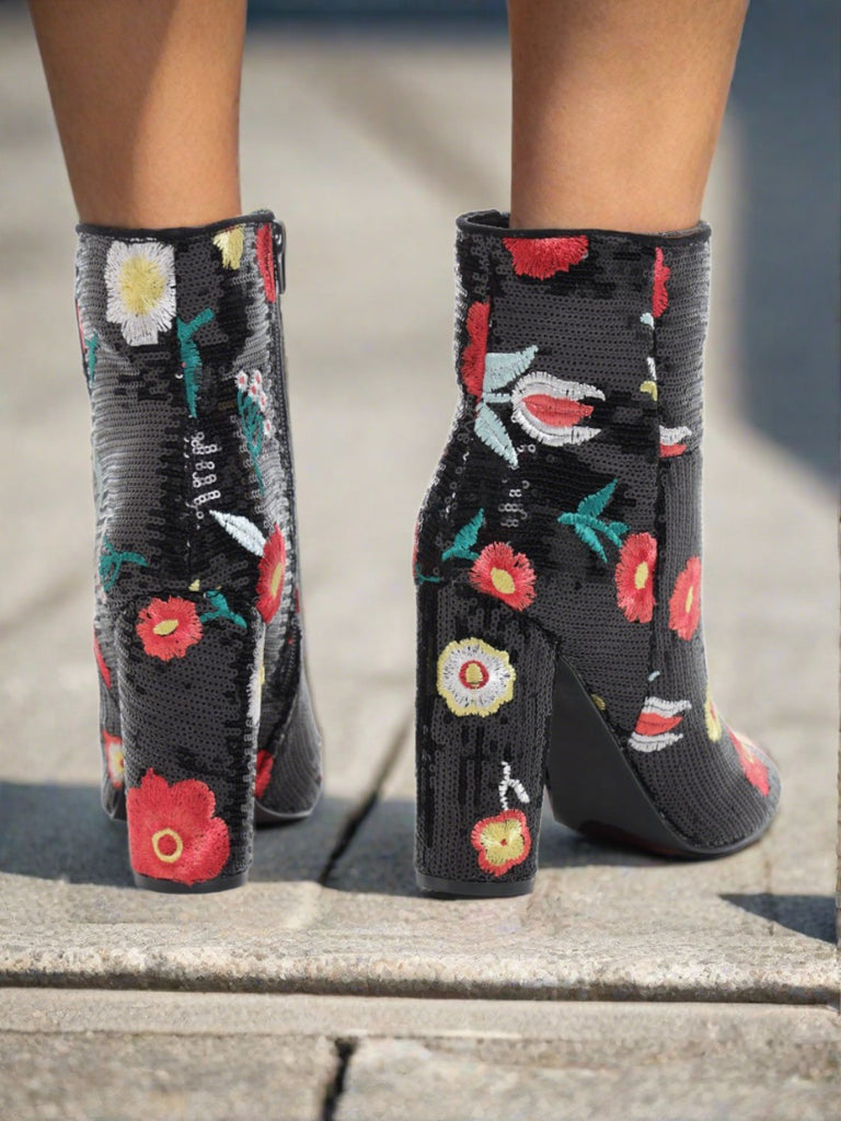 Black Floral Froita Ankle Boots - StylePhase SA