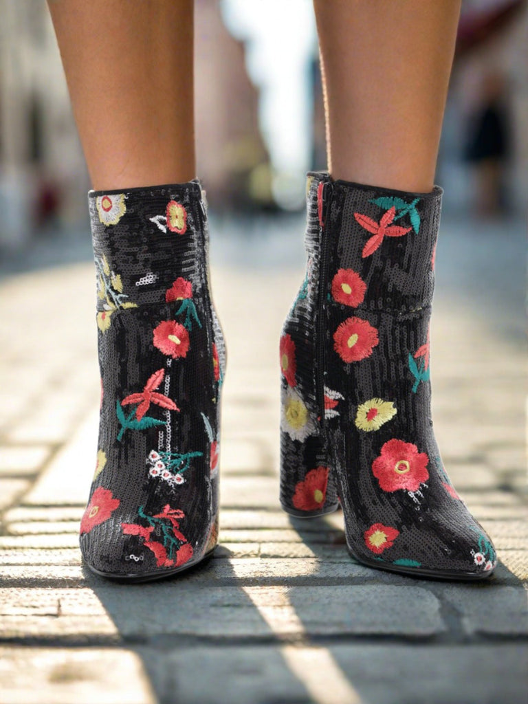 Black Floral Froita Ankle Boots - StylePhase SA