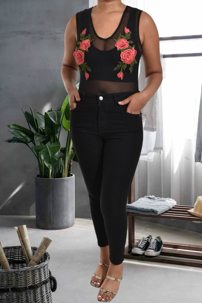 Black Mesh Floral Body Suit - StylePhase SA
