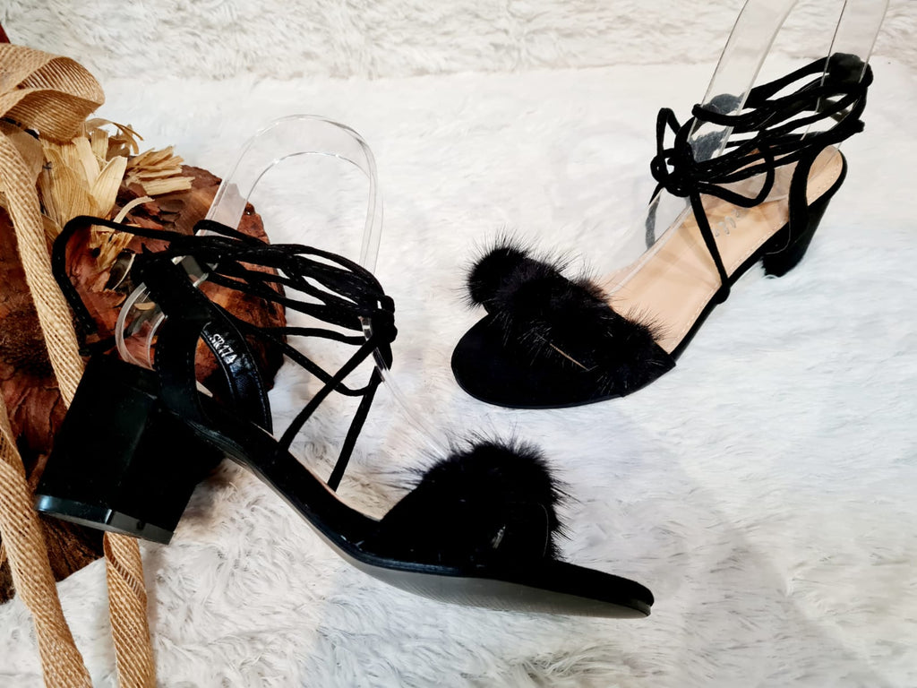 Black Tie Up Fur Heels - StylePhase SA