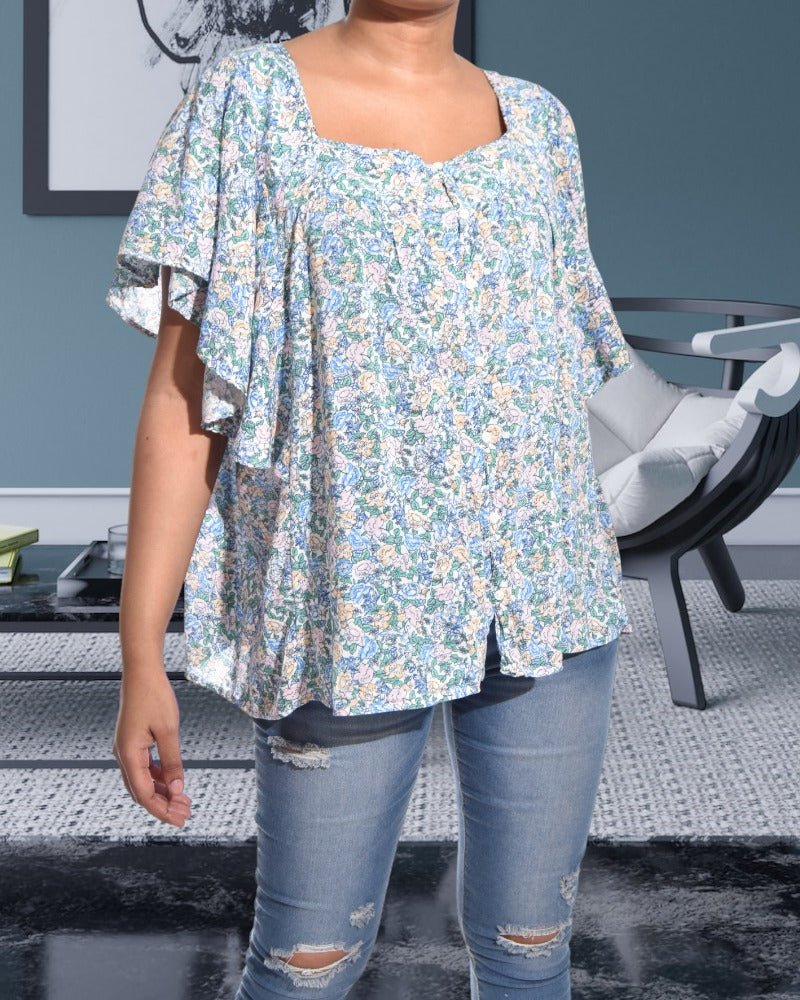 Blue Floral Ruffle Sleeve Top - StylePhase SA