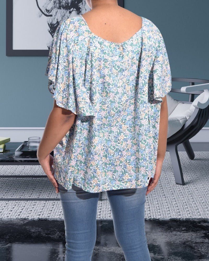 Blue Floral Ruffle Sleeve Top - StylePhase SA