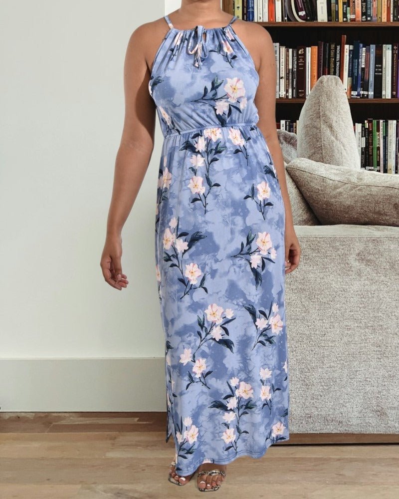 Blue Two tone Floral Halter Neck Dress - StylePhase SA