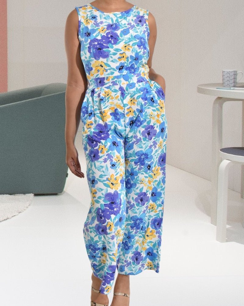 Ladies Blue Floral Zip Back Jumpsuit - StylePhase SA