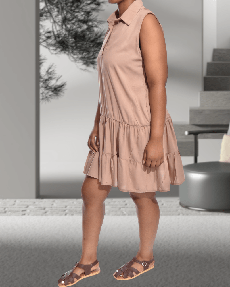 Ladies Button Frill Tan Short Dress - StylePhase SA