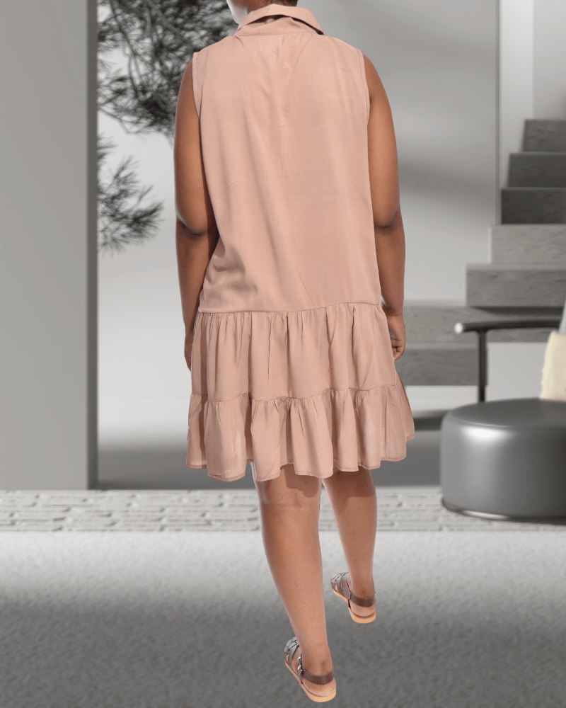 Ladies Button Frill Tan Short Dress - StylePhase SA