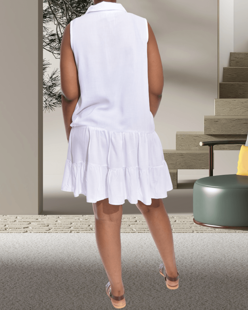 Ladies Button Frill White Short Dress - StylePhase SA