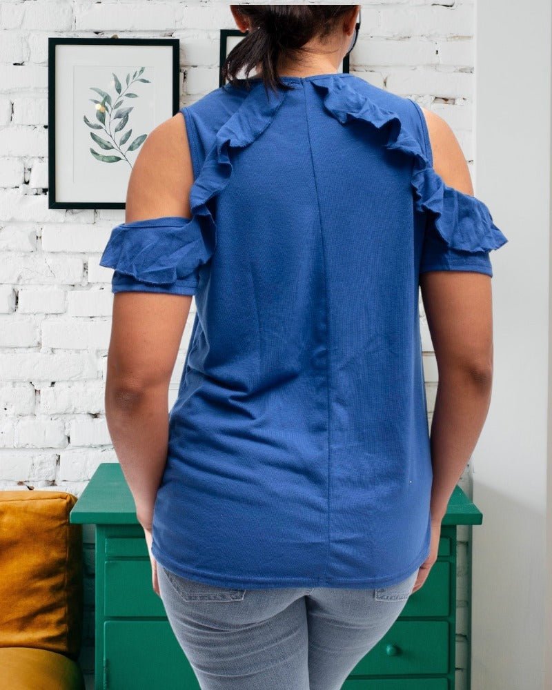 Ladies Cold Shoulder Blue Top With Ruffles - StylePhase SA