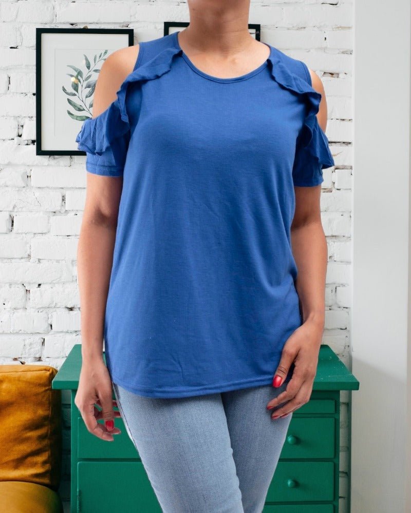 Ladies Cold Shoulder Blue Top With Ruffles - StylePhase SA