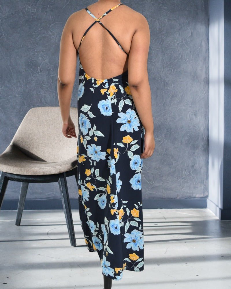 Ladies Flower Print Backless Maxi Dress - StylePhase SA