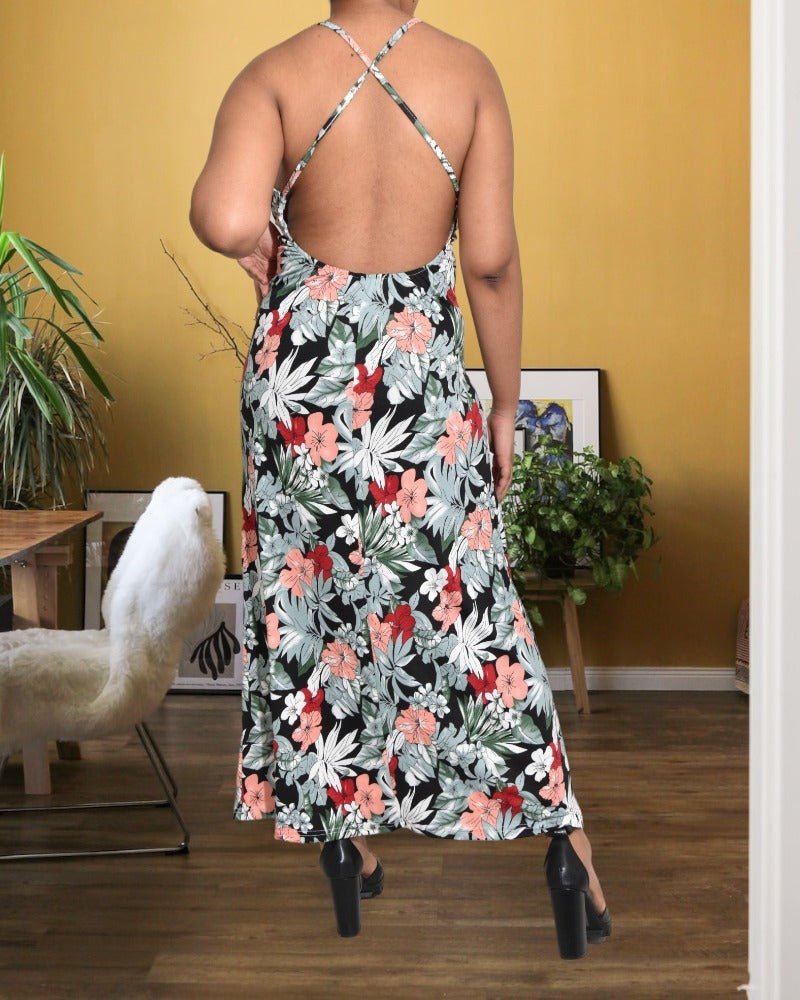 Ladies Flower Printed Backless Dress - StylePhase SA