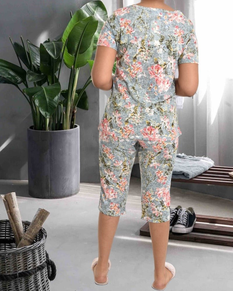 Ladies Grey Floral 3/4 Pyjama Set - StylePhase SA