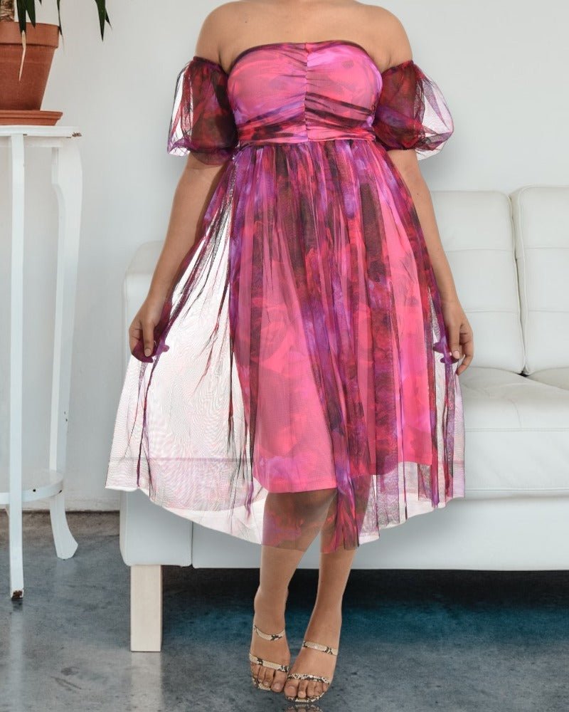 Ladies Off Shoulder Pink Multi Color Dress - StylePhase SA