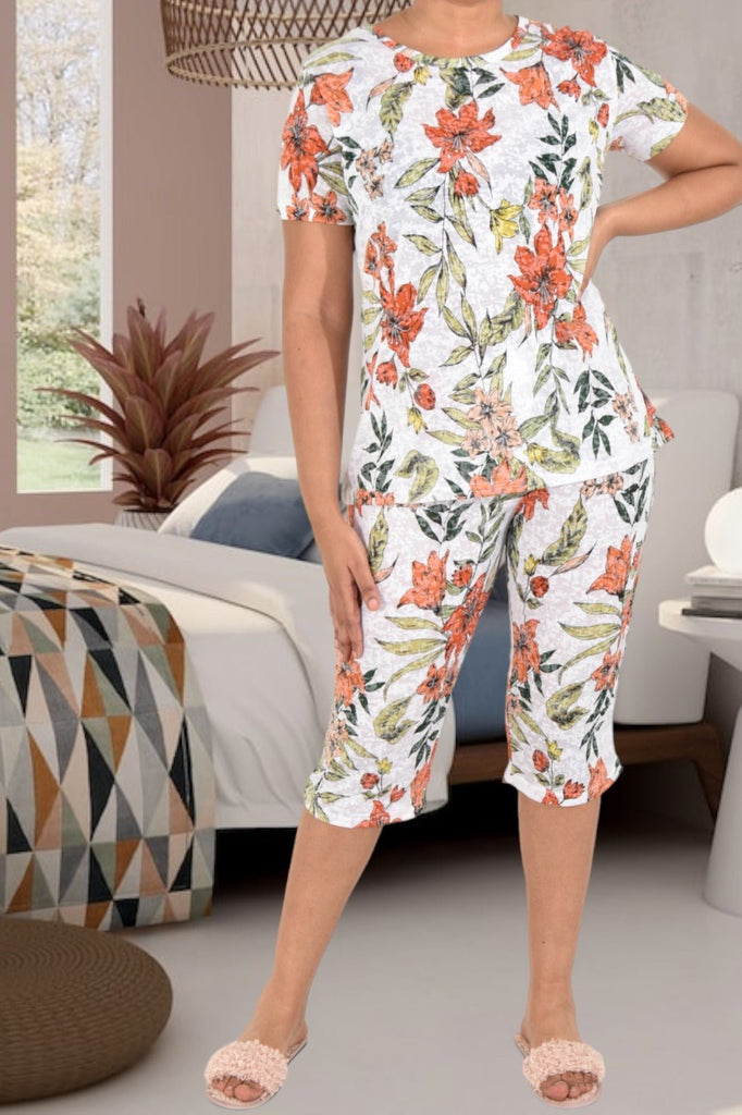 Ladies Peach Floral 3/4 Pyjama Set - StylePhase SA
