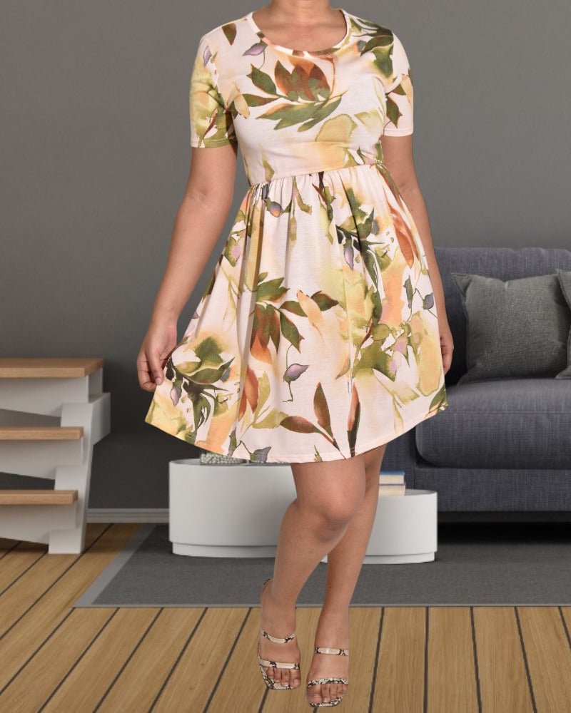 Ladies Peach Printed Cinched Waist Dress - StylePhase SA