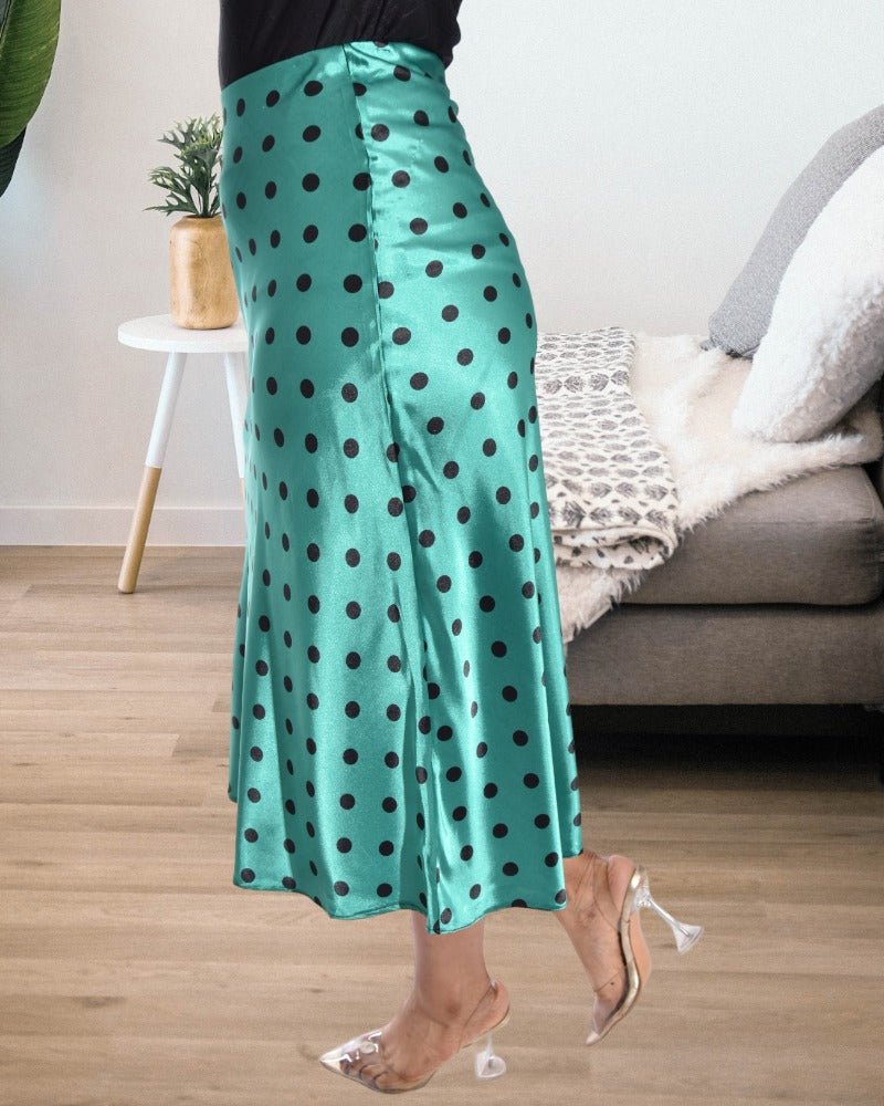Ladies Satin Green Dotted Midi Skirt - StylePhase SA