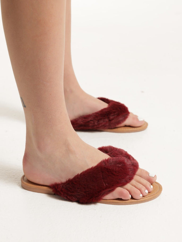 Maroon Fluffy Thong Slides - StylePhase SA