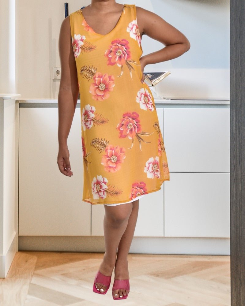 Mustard Floral Chiffon Dress - StylePhase SA