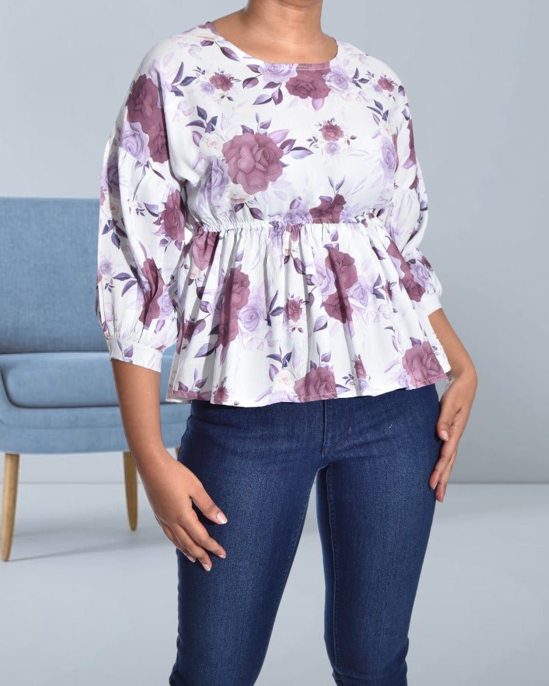 Purple And White Floral 3/4 Sleeve Top - StylePhase SA