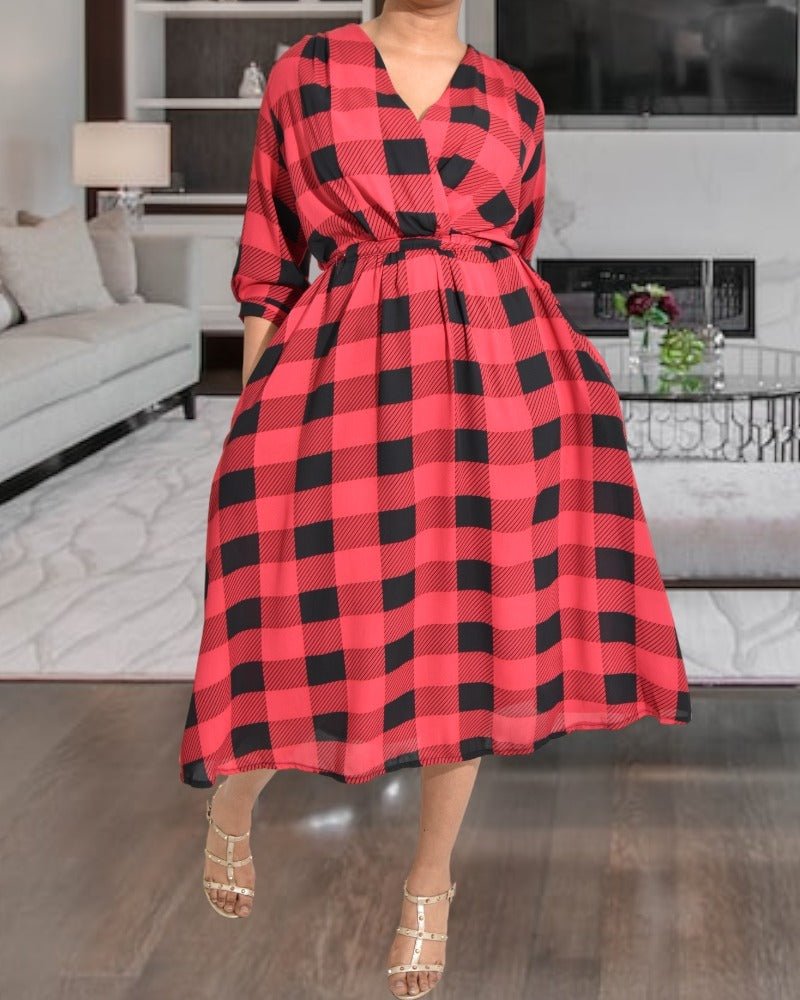Red Check Print Pocket Dress - StylePhase SA
