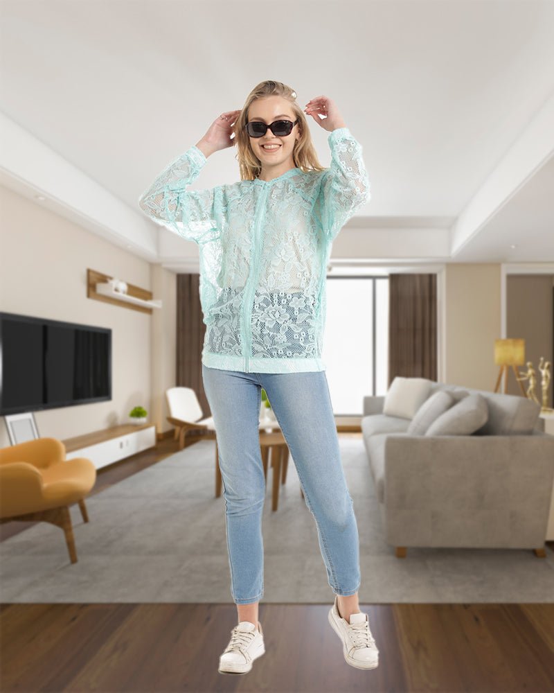 Sea Green Floral Lace Bomber Jacket - StylePhase SA